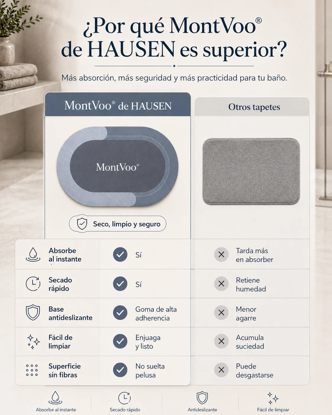 MontVoo® | Tapete de baño antideslizante, súper absorbente