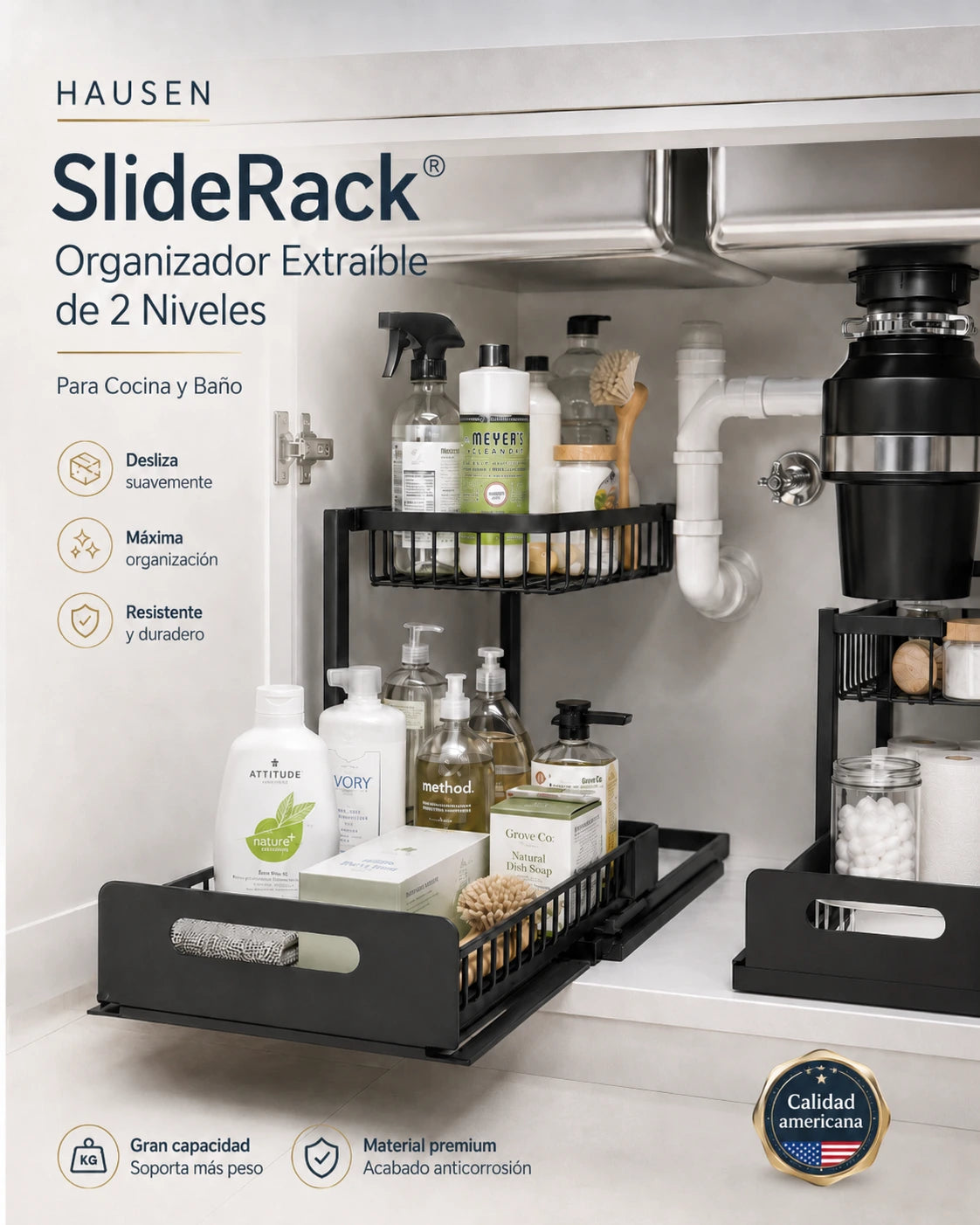 SlideRack® | Organizador Extraíble de 2 Niveles para Cocina y Baño