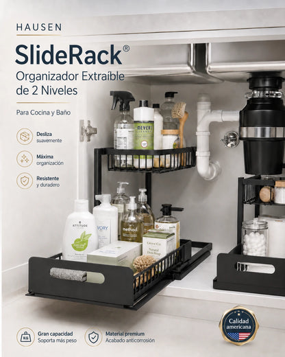 SlideRack® | Organizador Extraíble de 2 Niveles para Cocina y Baño