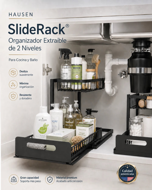 SlideRack® | Organizador Extraíble de 2 Niveles para Cocina y Baño