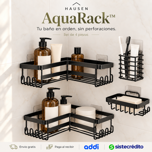 AquaRack™ | Set organizador de baño de 4 piezas sin perforaciones