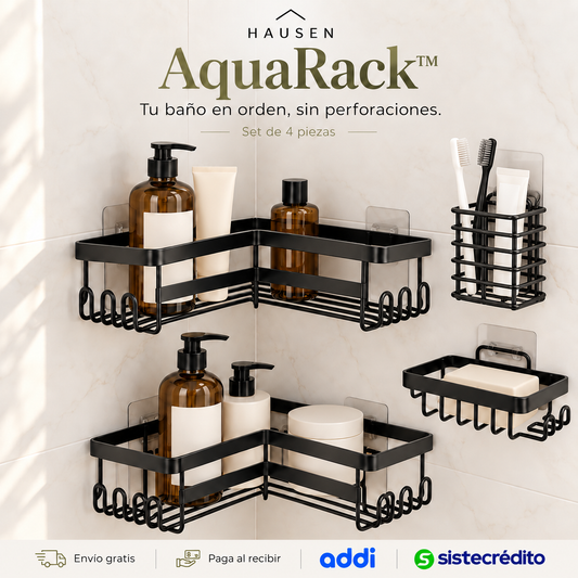 AquaRack™ | Set organizador de baño de 4 piezas sin perforaciones