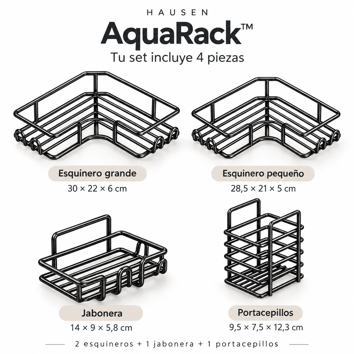 AquaRack™ | Set organizador de baño de 4 piezas sin perforaciones
